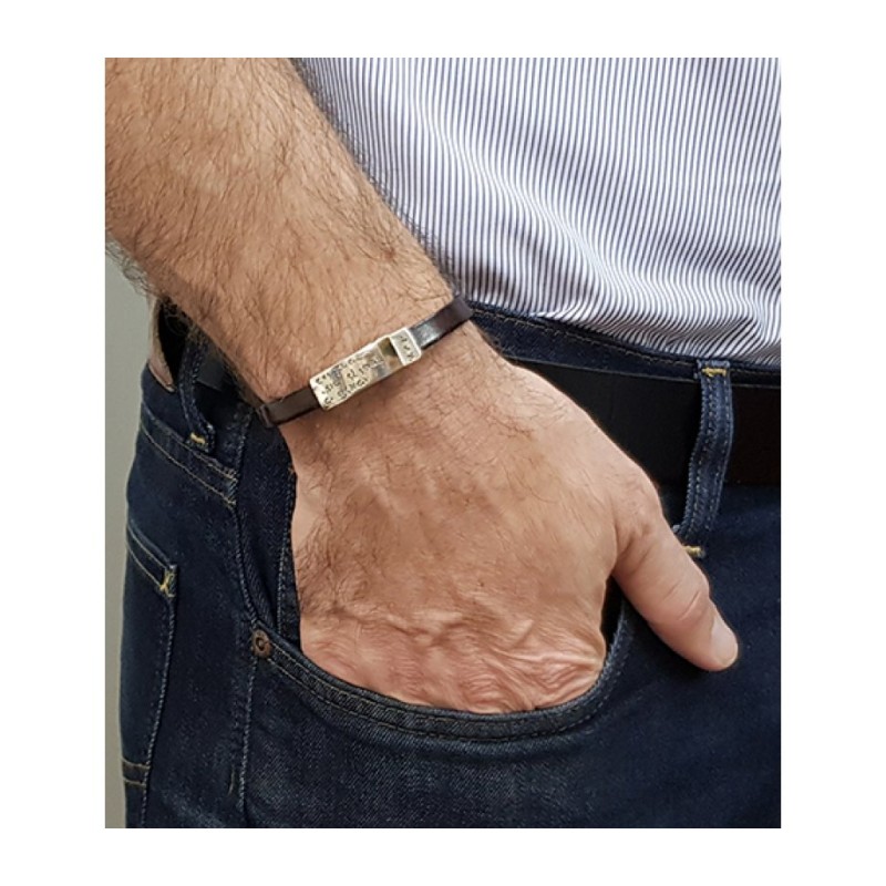 Golan Leather Men Bracelet with Sterling Silver Hebre... | Men Jewelry