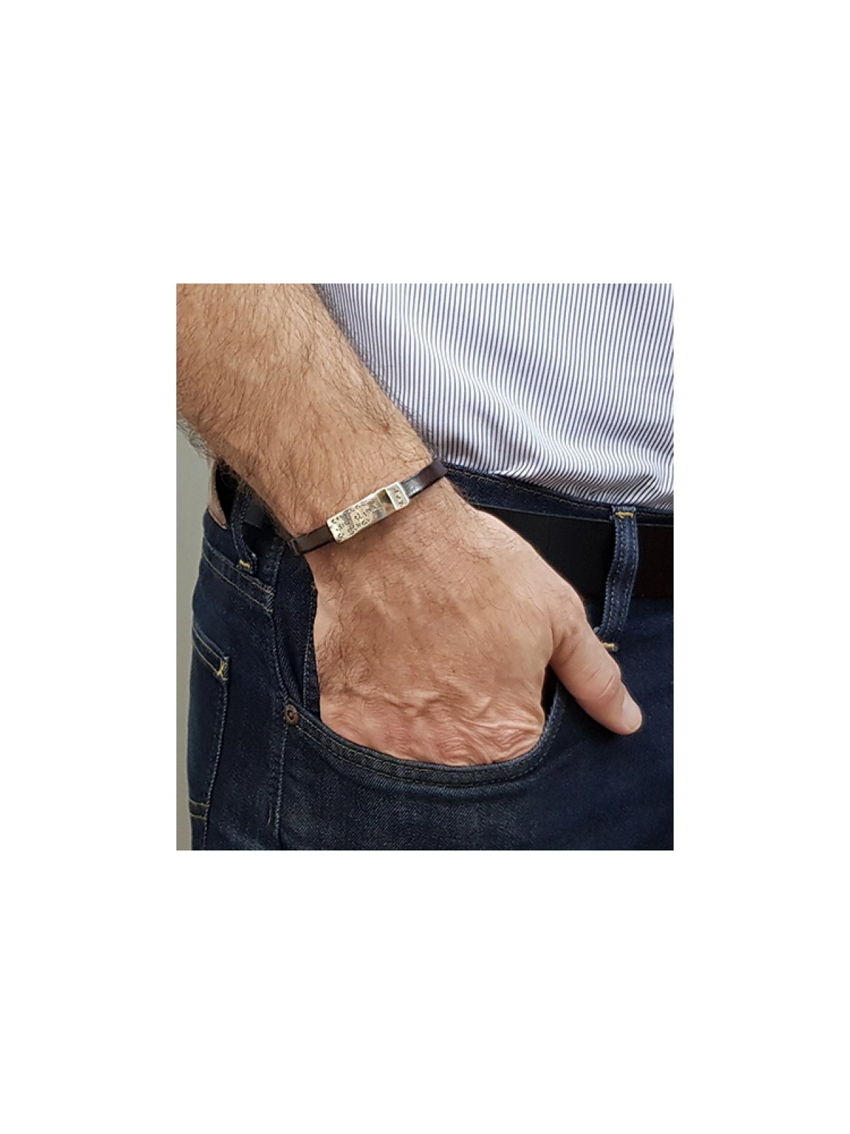 Golan Leather Men Bracelet with Sterling Silver Hebre... | Men Jewelry