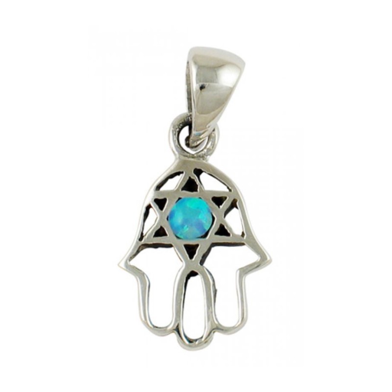 Silver and Opal Star of David Hamsa Pendant | Hamsa Necklace