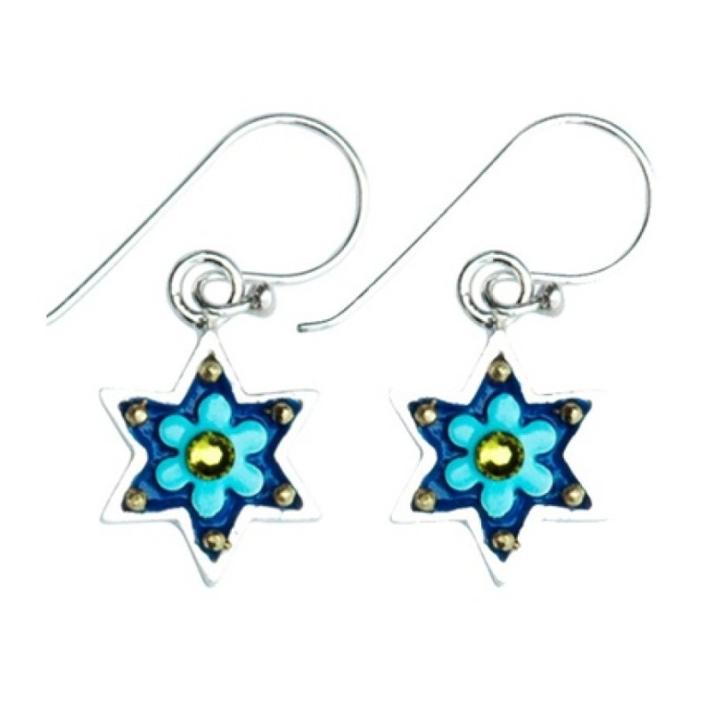 Boucles d'oreilles étoile de David fleurs bleu bébé | Boucles d'oreilles