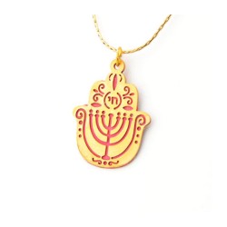 Pink Menorah Hamsa Necklace by Ester Sh... | Chai Necklaces & Pendants