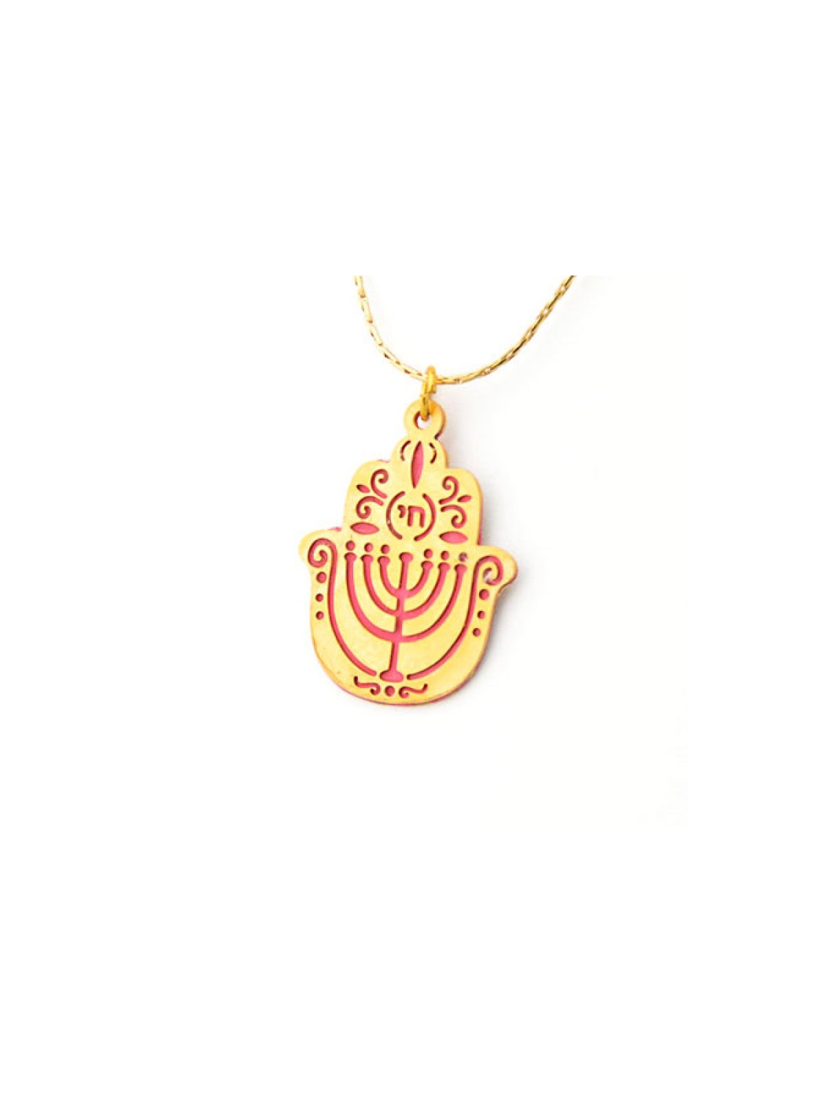 Pink Menorah Hamsa Necklace by Ester Sh... | Chai Necklaces & Pendants