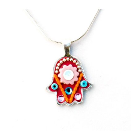 Pink Red Flower Hamsa Necklace by Ester Shahaf | Hamsa Necklace