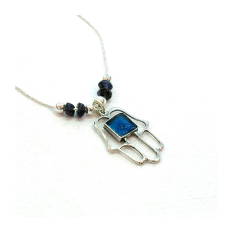 Michal Kirat Silver Hamsa with Roman Glass ... | Roman Glass Necklaces