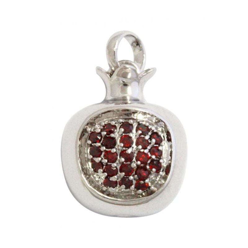 Pomegranate Pendant with Red Garnet Seeds %96 Rhod... | Jewish Pendant