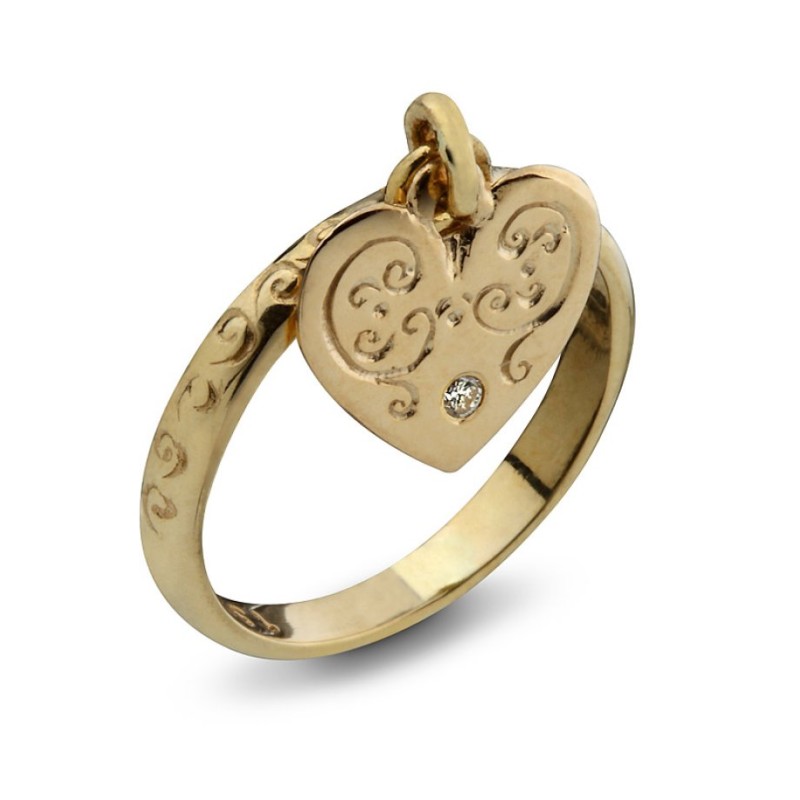 HaAri Gold Kabbalah Ring Hanging Heart with Diamond ... | Jewish Rings
