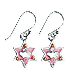 Pink Star of David Earrings with heart by Ester Shahaf | Earrings