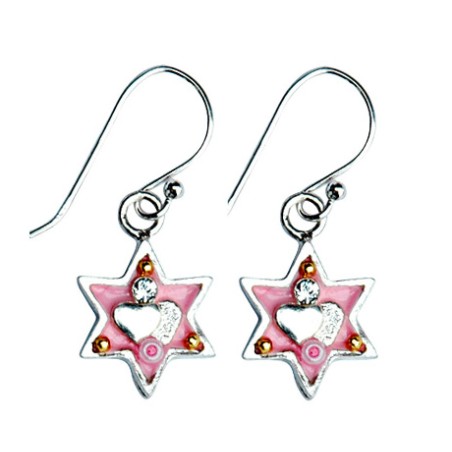 Pink Star of David Earrings with heart by Ester Shahaf | Earrings