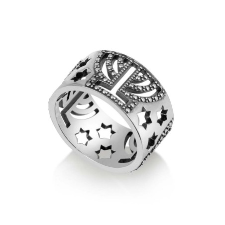 Bague en argent sterling avec menorahs scintillantes découpées... | Anneaux juifs