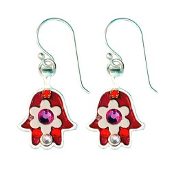 Boucles d'oreilles Hamsa à fleurs roses et rouges par Ester Shahaf | Boucles d'oreilles