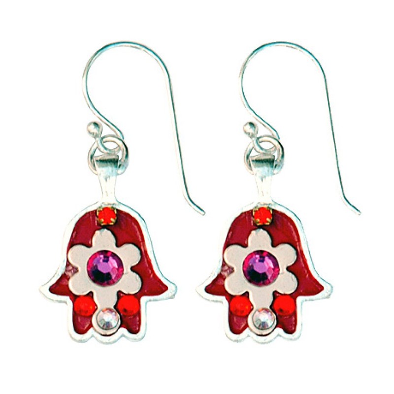 Pink and Red Flower Hamsa Earrings by Ester Shahaf | Earrings