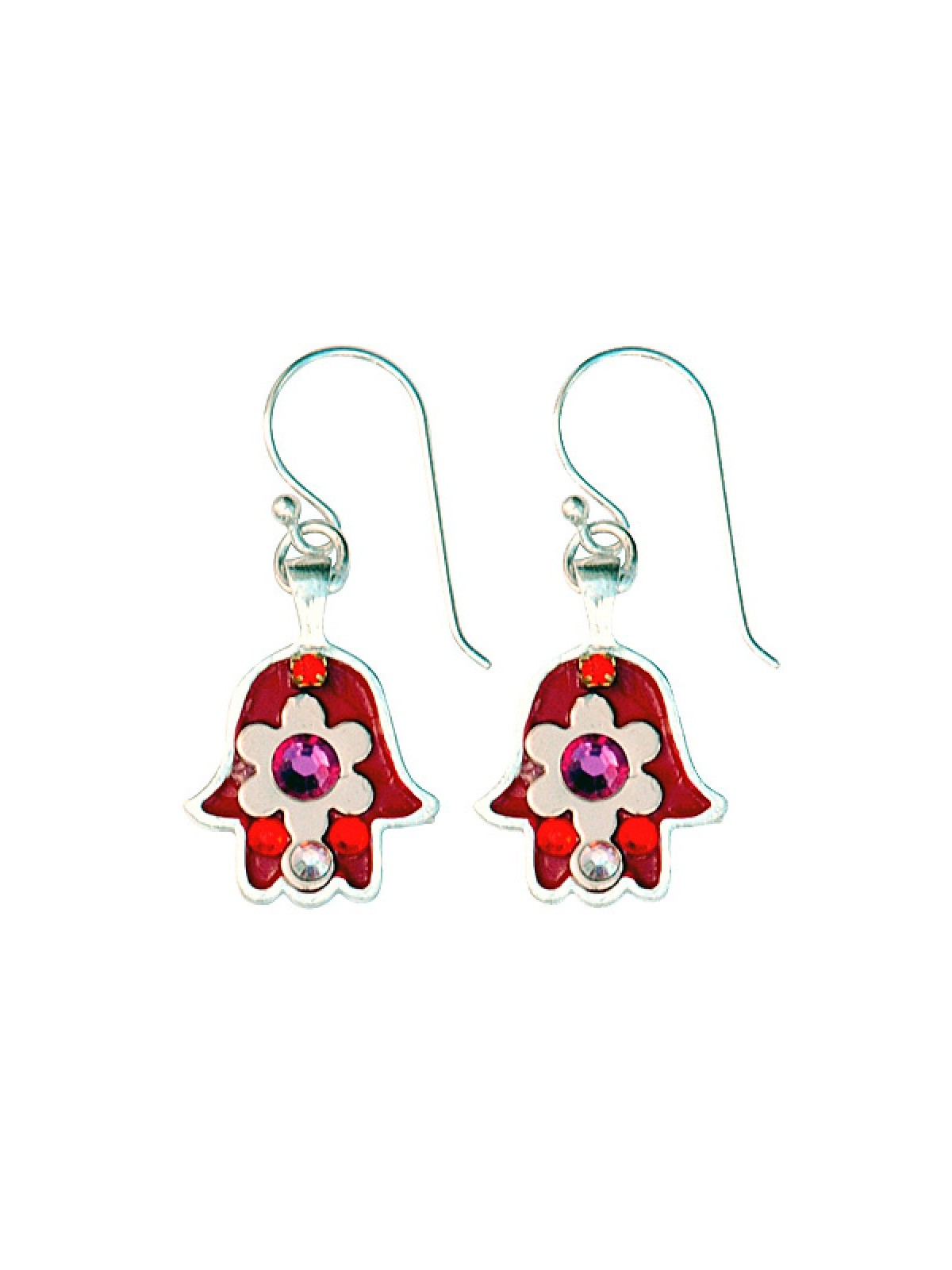 Pink and Red Flower Hamsa Earrings by Ester Shahaf | Earrings