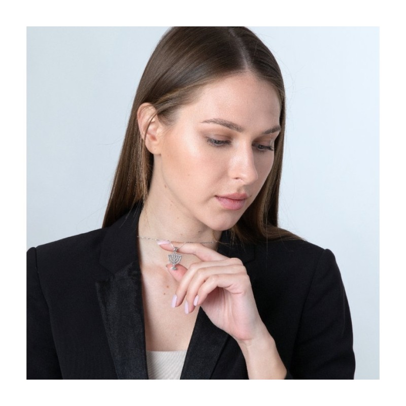 Sterling Silver Pendant Necklace Seven Branch Me... | Menorah Pendants