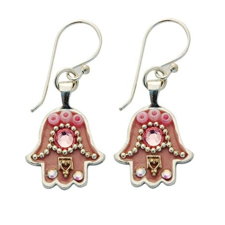 Boucles d'oreilles Hamsa roses par Ester Shahaf | Boucles d'oreilles