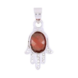 Rhodium Plated Hamsa Hand Pendant with Red Garnet ... | Hamsa Necklace
