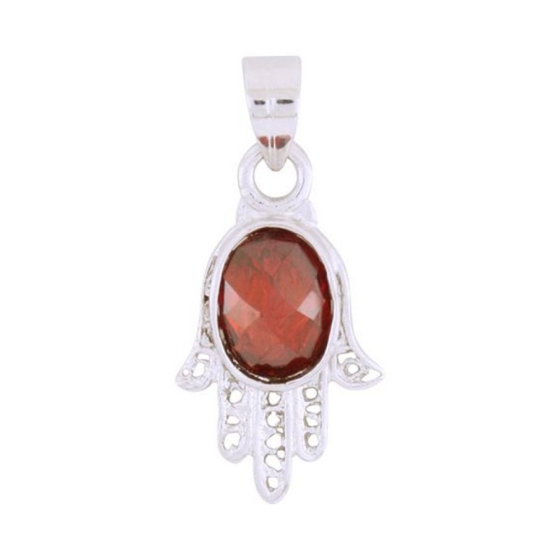 Rhodium Plated Hamsa Hand Pendant with Red Garnet ... | Hamsa Necklace