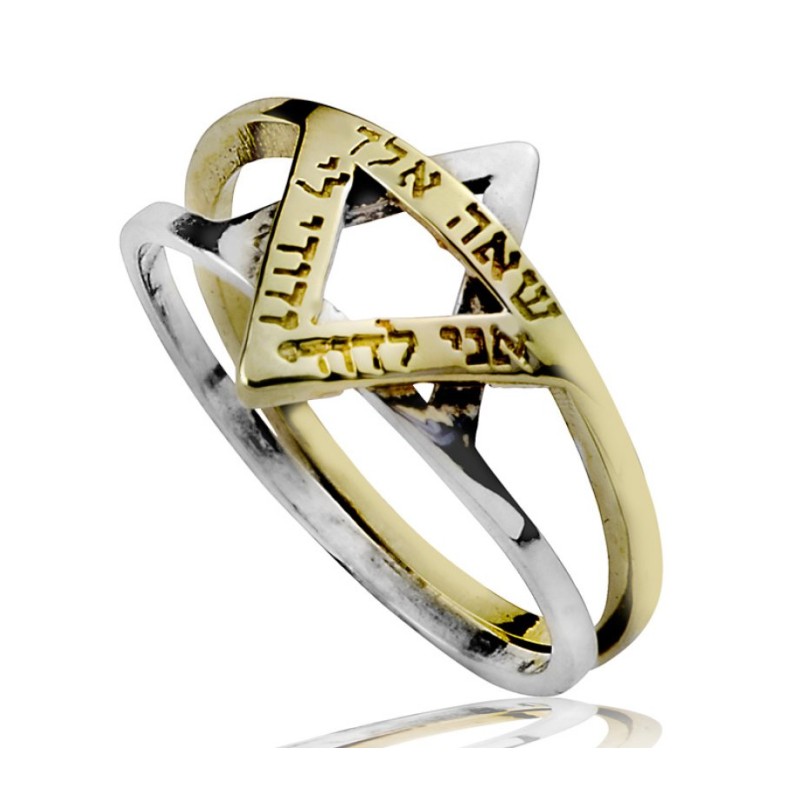 HaAri Bague double étoile de David en or et argent avec... | Anneaux juifs