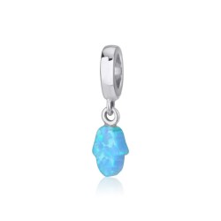 Sterling Silver Charm with Hanging Blue Opal Hamsa... | Judaica Charms