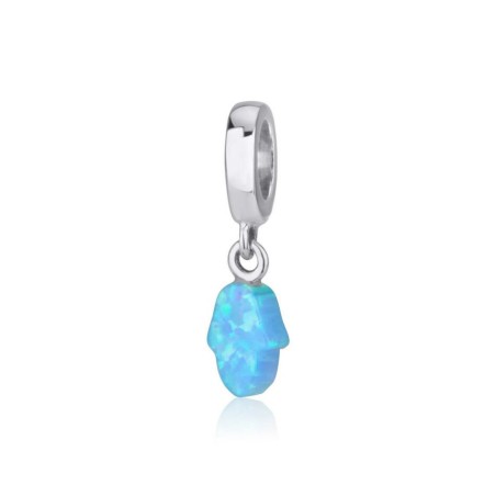 Sterling Silver Charm with Hanging Blue Opal Hamsa... | Judaica Charms