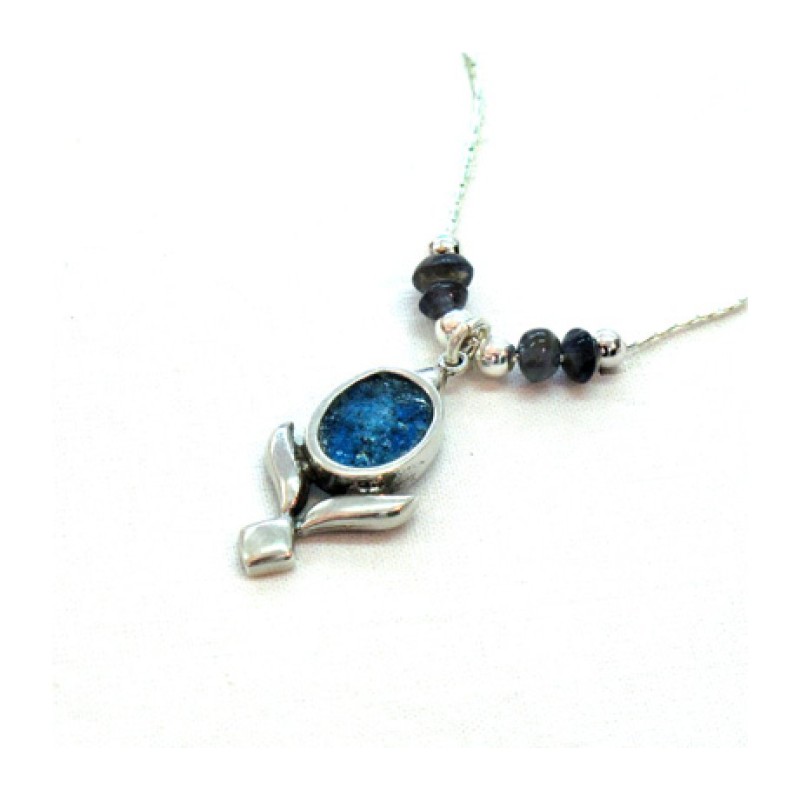 Michal Kirat Collier en argent avec perles de Lolite bleue... | Colliers en verre romain