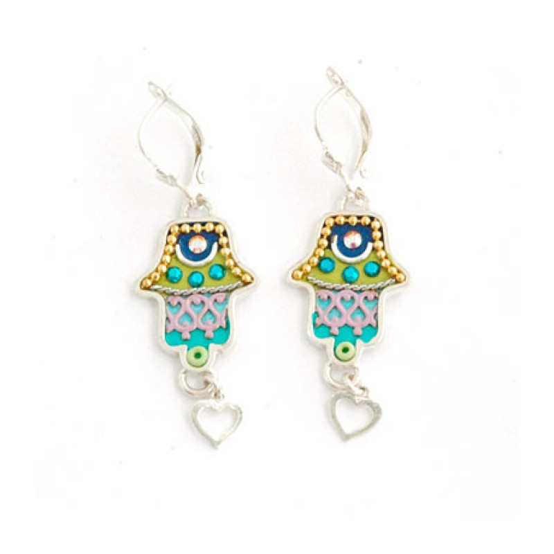 Green Heart Hamsa Earrings by Ester Shahaf | Earrings