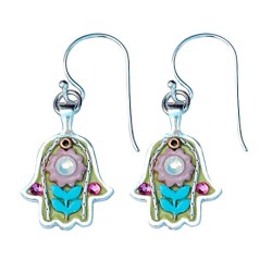 Turquoise Green Silver Hamsa Earrings by Ester Shahaf | Earrings