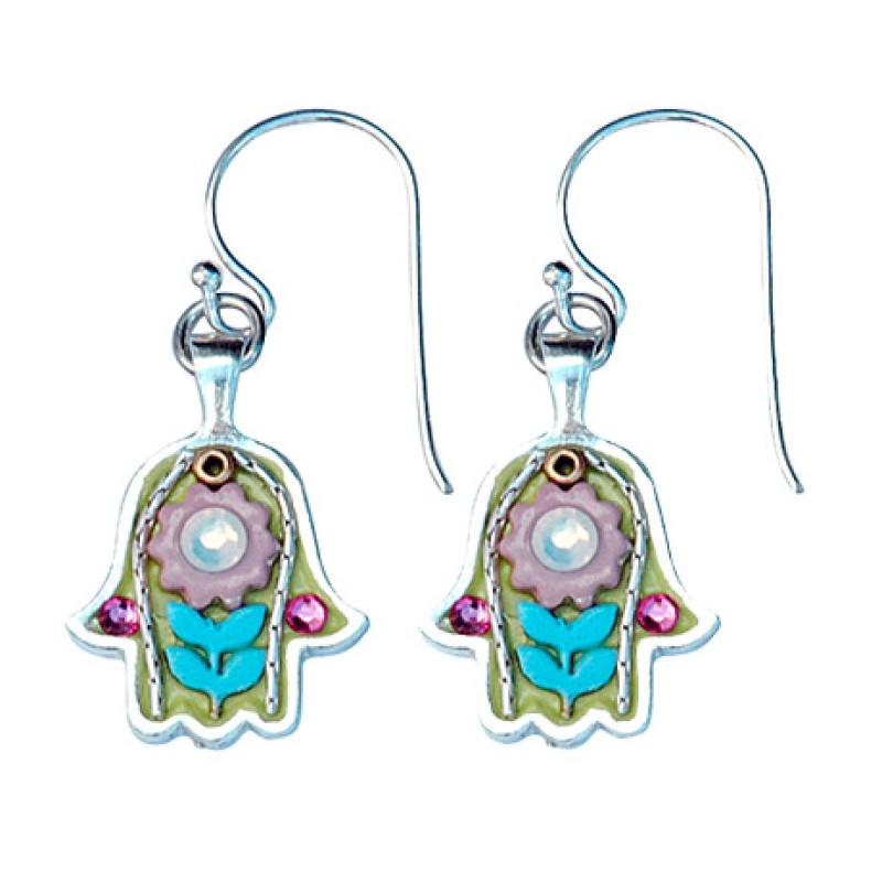 Turquoise Green Silver Hamsa Earrings by Ester Shahaf | Earrings