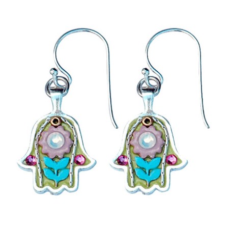 Turquoise Green Silver Hamsa Earrings by Ester Shahaf | Earrings