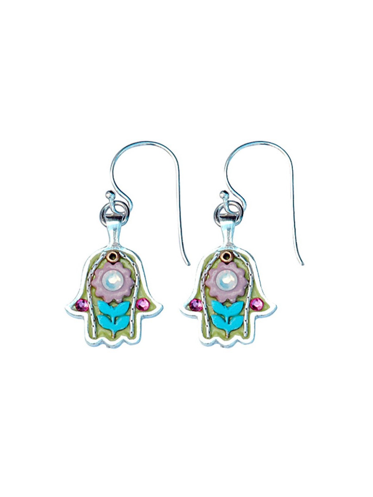 Turquoise Green Silver Hamsa Earrings by Ester Shahaf | Earrings