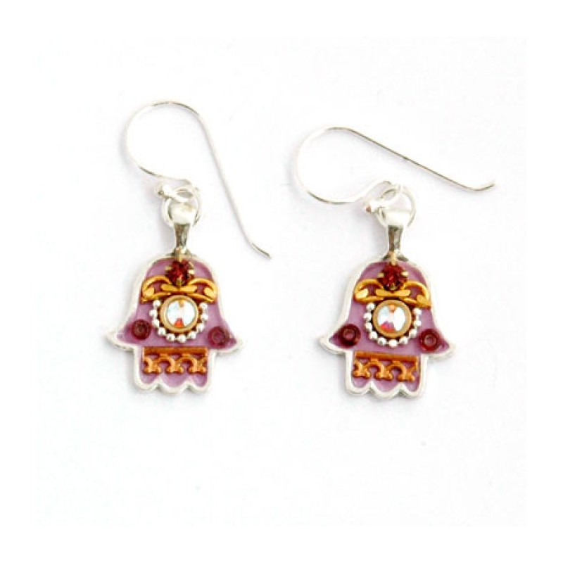 Silver Hamsa Earrings in Purple by Ester Shahaf | Earrings