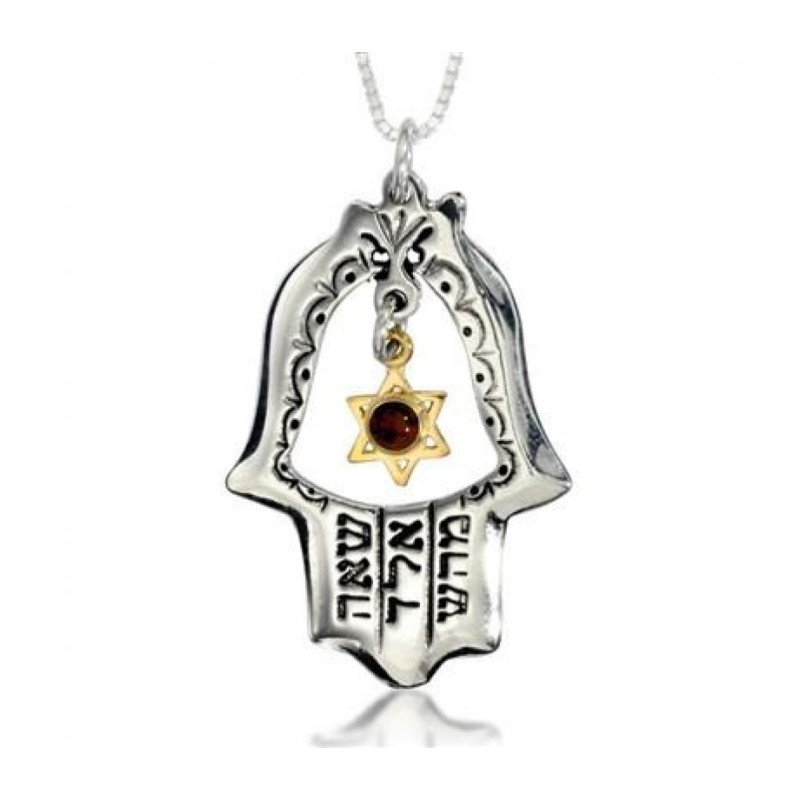 Sterling silver Oriental Kabbalah pendant with Garnet | Hamsa Necklace