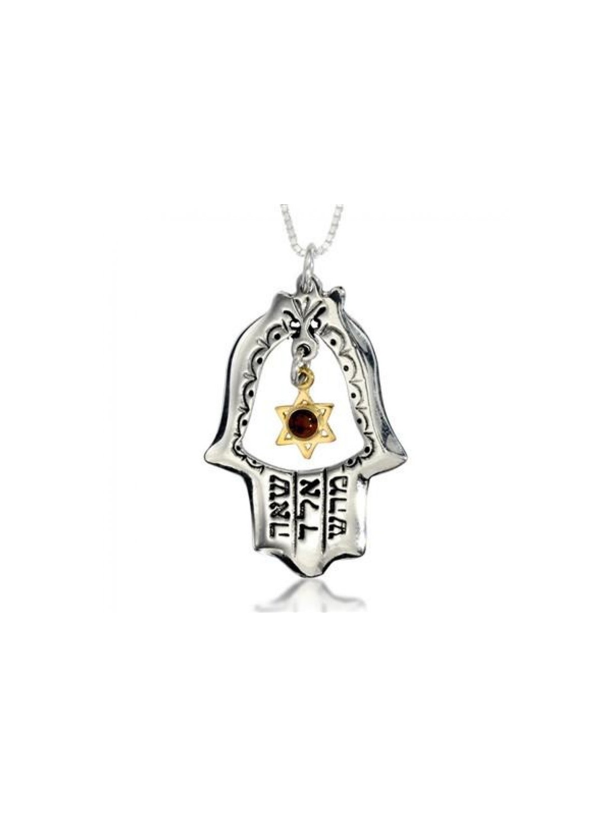 Sterling silver Oriental Kabbalah pendant with Garnet | Hamsa Necklace