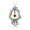 Sterling silver Oriental Kabbalah pendant with Garnet | Hamsa Necklace