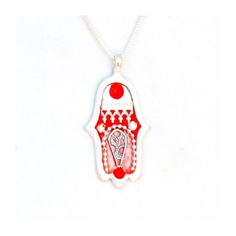 Ravishing Red Silver Hamsa Necklace by Ester Shahaf | Hamsa Necklace