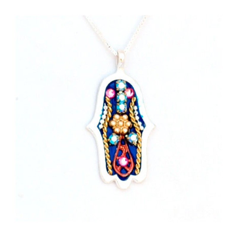 Silver Hamsa Necklace by Ester Shahaf in Blue and Red | Hamsa Necklace