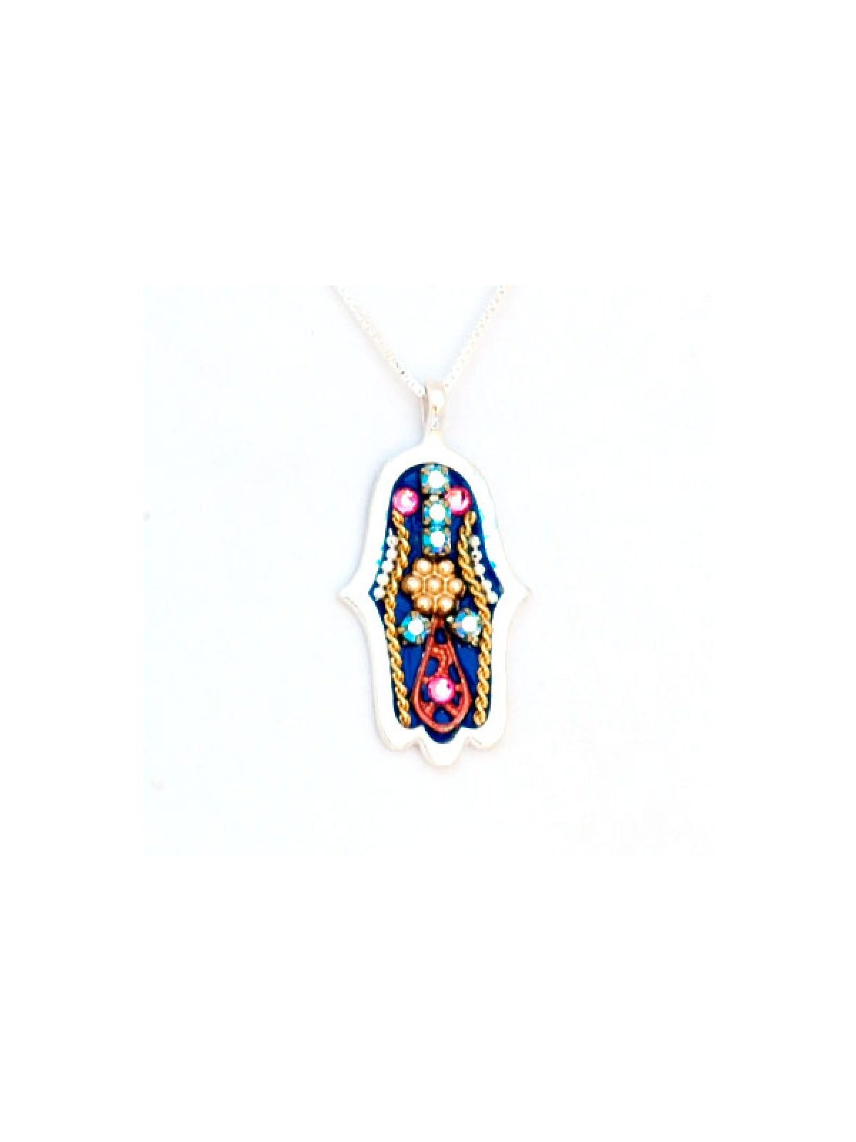 Silver Hamsa Necklace by Ester Shahaf in Blue and Red | Hamsa Necklace
