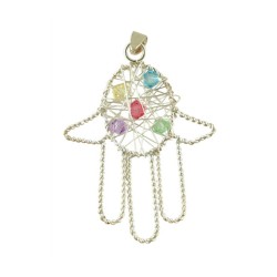 Silver Hamsa Pendant with multicolor stones | Hamsa Necklace