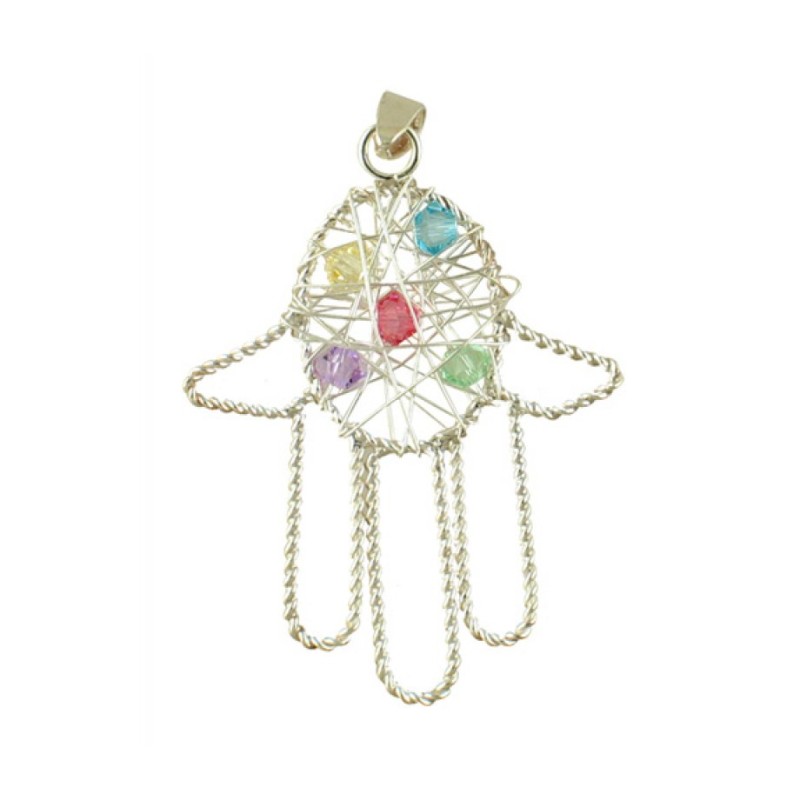 Silver Hamsa Pendant with multicolor stones | Hamsa Necklace