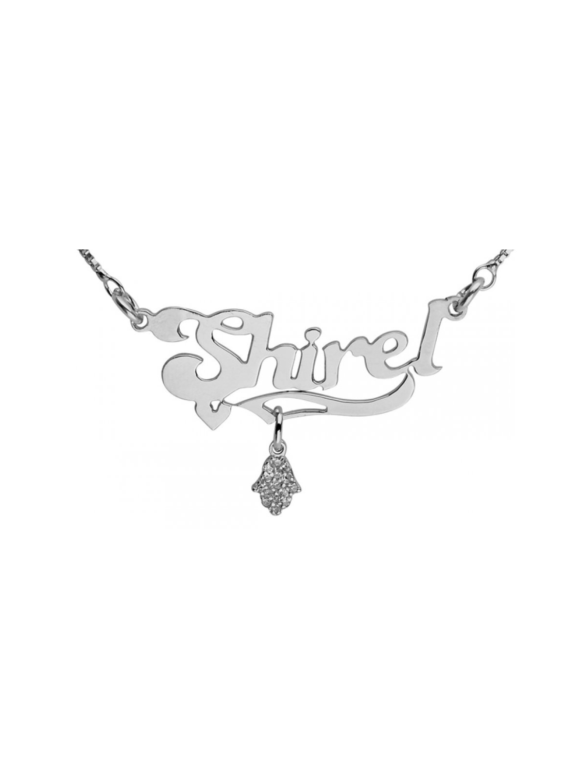 Silver English Name Necklace with Hamsa pendant | Personalized Jewelry