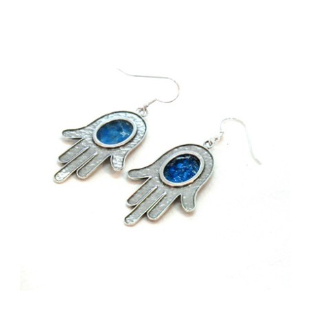 Michal Kirat Hamsa Good Luck Silver Drop Ear... | Roman Glass Earrings