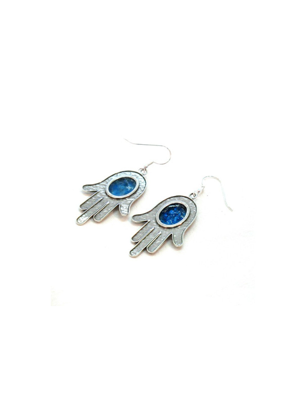 Michal Kirat Hamsa Good Luck Silver Drop Ear... | Roman Glass Earrings