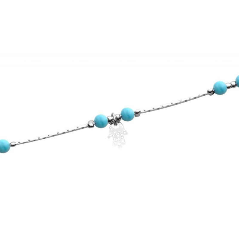 Anklet Rhodium Silver Chain with Blue Beads and H... | Judaica Anklets