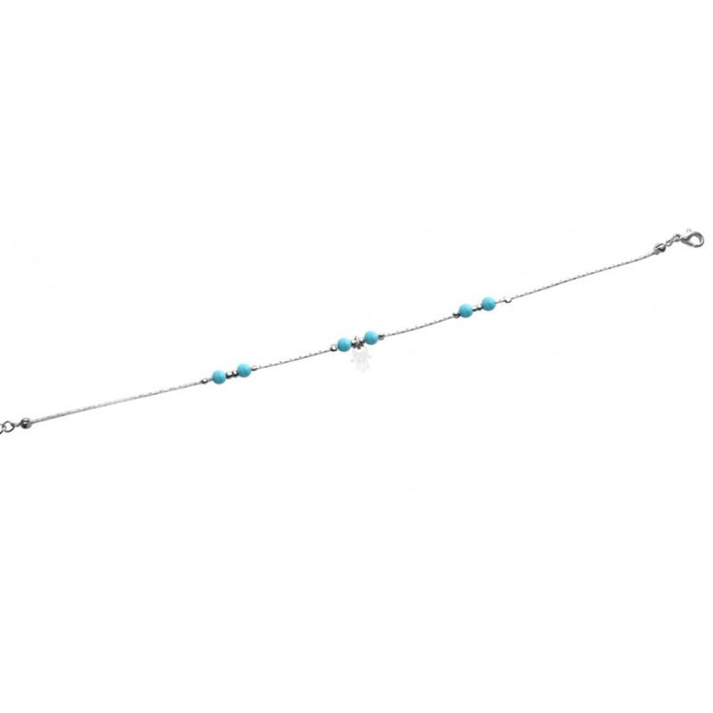 Anklet Rhodium Silver Chain with Blue Beads and H... | Judaica Anklets