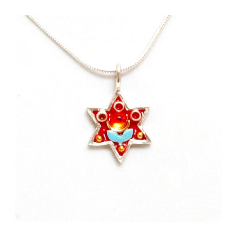 Red Blue Flower Star of David Pendant ... | Necklaces by Esther Shahaf