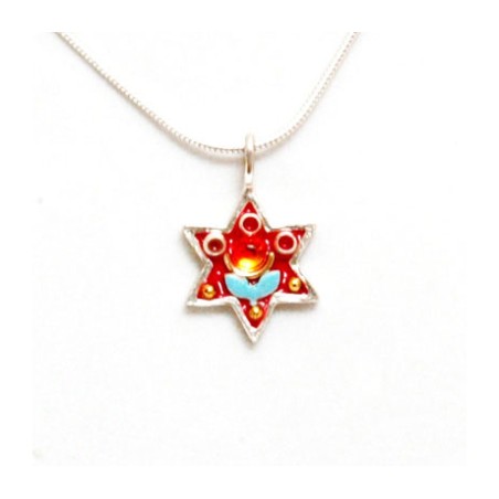 Red Blue Flower Star of David Pendant ... | Necklaces by Esther Shahaf