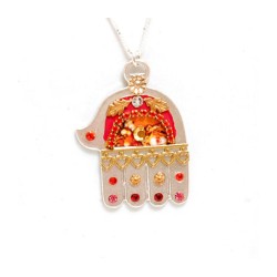 Silver Hamsa Necklace in Red and Orang... | Necklaces by Esther Shahaf