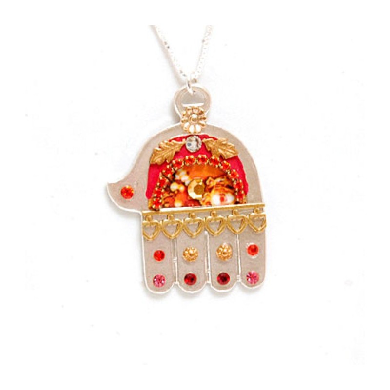 Silver Hamsa Necklace in Red and Orang... | Necklaces by Esther Shahaf