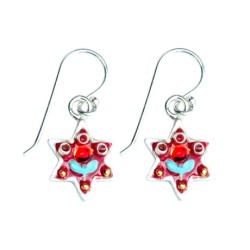 Silver Star of David Earrings with Red Flower by Ester S... | Earrings