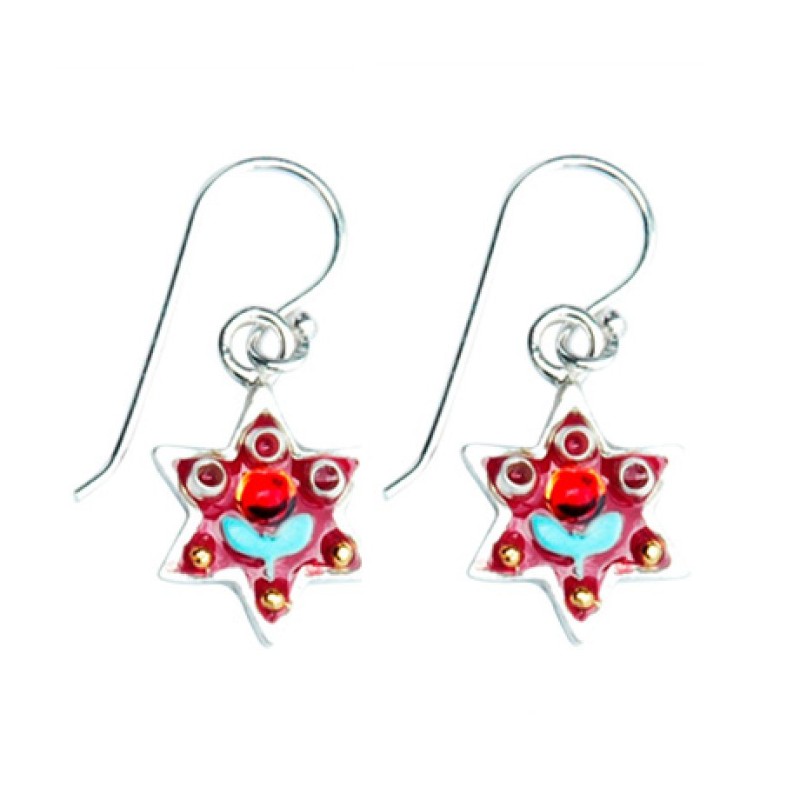 Silver Star of David Earrings with Red Flower by Ester S... | Earrings