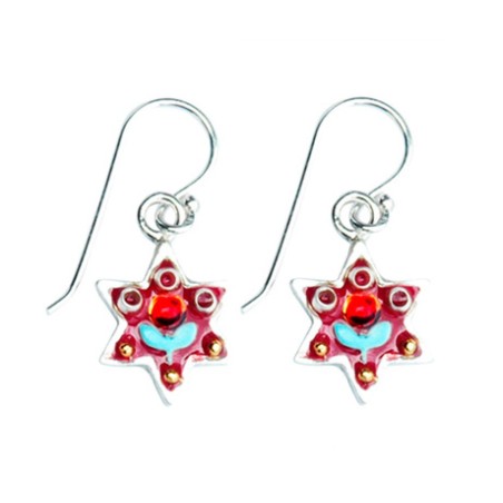 Silver Star of David Earrings with Red Flower by Ester S... | Earrings